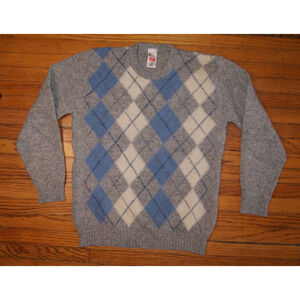 Vintage St Michael Gray Shetland Wool Sweater Mens L 42 Argyle Blue Cream UK